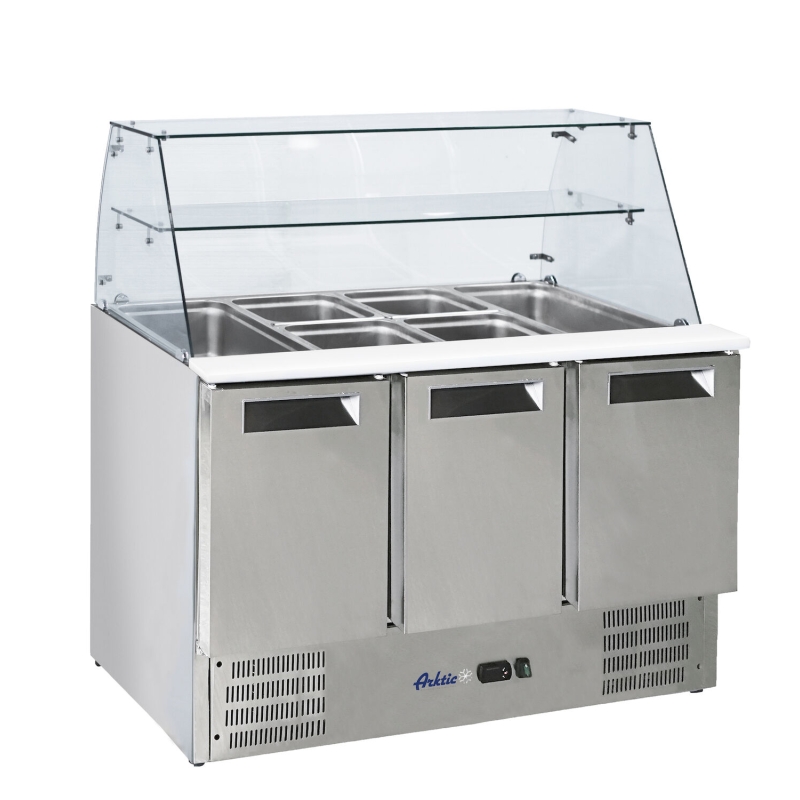 3-door refrigerated salad counter with glass superstructure