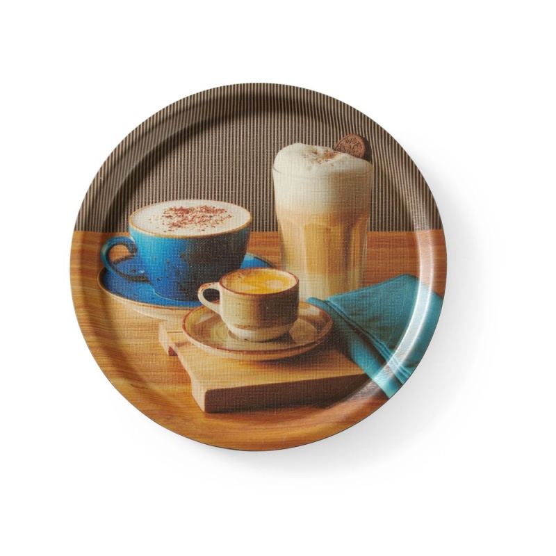 Нескользящий сервировочный поднос, принтованный, HENDI, tasty coffee, ⌀380x(H)15мм