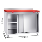 Stainless steel work cabinet 120x80cm - with sliding door & backsplash incl. cutting plate in red