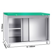 Stainless steel work cabinet 140x70cm - with sliding door - incl. cutting plate in green