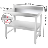 Stainless steel work table PREMIUM 1,0 m - with base shelf, upstand & support