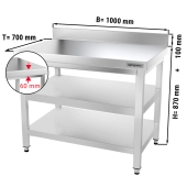 Stainless steel work table PREMIUM 1,0 m - with base shelf, intermediate shelf & upstand