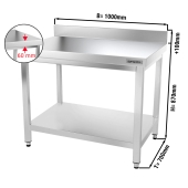Stainless steel work table PREMIUM 1,0 m - with base shelf and upstand