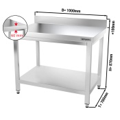 Stainless steel work table PREMIUM 1,0 m - with base shelf and upstand