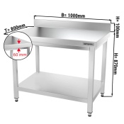 Stainless steel work table PREMIUM 1,0 m - with base shelf and upstand