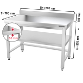 Stainless steel work table PREMIUM 1,2 m - with base shelf, upstand & support