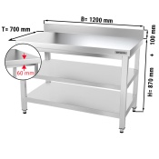 Stainless steel work table PREMIUM 1,2 m - with base shelf, intermediate shelf & upstand