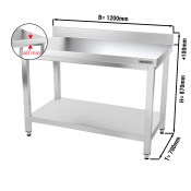 Stainless steel work table PREMIUM 1,2 m - with base shelf and upstand