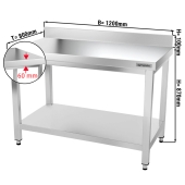 Stainless steel work table PREMIUM 1,2 m - with base shelf and upstand