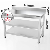 Stainless steel work table PREMIUM 1,2 m - with base shelf, intermediate shelf & upstand