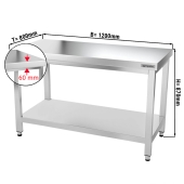 Stainless steel work table PREMIUM 1,2 m - with base shelf and upstand