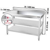 Stainless steel work table PREMIUM 1,4 m - with base shelf, intermediate shelf & upstand
