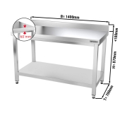 Stainless steel work table PREMIUM 1,4 m - with base shelf and upstand