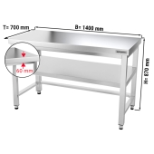 Stainless steel work table PREMIUM 1,4 m - with base shelf & support
