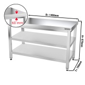 Stainless steel work table PREMIUM 1,4 m - with base shelf & intermediate shelf