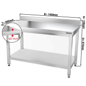 Stainless steel work table PREMIUM 1,4 m - with base shelf and upstand