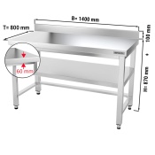 Stainless steel work table PREMIUM 1,4 m - with base shelf, upstand & support