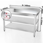 Stainless steel work table PREMIUM 1,4 m - with base shelf, intermediate shelf & upstand