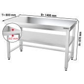 Stainless steel work table PREMIUM 1,4 m - with base shelf, upstand & support