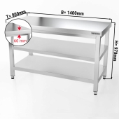 Stainless steel work table PREMIUM 1,4 m - with base shelf & intermediate shelf