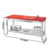 Stainless steel work table PREMIUM 1,5 m - with base & cutting board