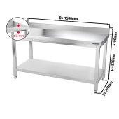 Stainless steel work table PREMIUM 1,5 m - with base shelf and upstand