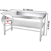 Stainless steel work table PREMIUM 1,5 m - with base and support
