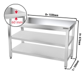 Stainless steel work table PREMIUM 1,5 m - with base shelf & intermediate shelf