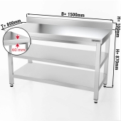 Stainless steel work table PREMIUM 1,5 m - with base shelf, intermediate shelf & upstand
