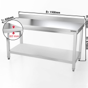 Stainless steel work table PREMIUM 1,5 m - with base shelf and upstand