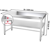 Stainless steel worktop PREMIUM 1,5 m - with base shelf and support