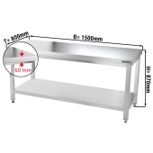 Stainless steel work table PREMIUM 1,5 m - with base shelf