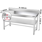 Stainless steel work table PREMIUM 1,6 m - with base shelf, upstand & support