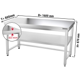 Stainless steel work table PREMIUM 1,6 m - with base shelf, upstand & support