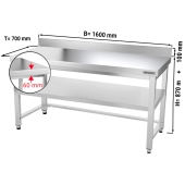 Stainless steel work table PREMIUM 1,6 m - with base shelf, upstand & support
