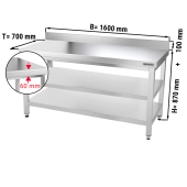 Stainless steel work table PREMIUM 1,6 m - with base shelf, intermediate shelf & upstand
