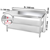 Stainless steel work table PREMIUM 1,6 m - with base shelf, intermediate shelf & upstand