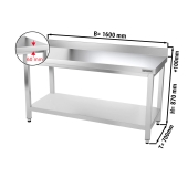 Stainless steel work table PREMIUM 1,6 m - with base shelf and upstand