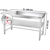 Stainless steel work table PREMIUM 1,6 m - with base shelf & support