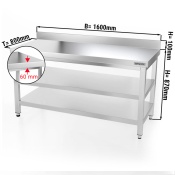Stainless steel work table PREMIUM 1,6 m - with base shelf, intermediate shelf & upstand