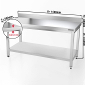 Stainless steel work table PREMIUM 1,6 m - with base shelf and upstand