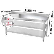 Stainless steel work table PREMIUM 1,8 m - with base shelf, intermediate shelf & upstand