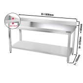 Stainless steel work table PREMIUM 1,8 m - with base shelf and upstand