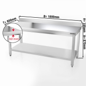 Stainless steel work table PREMIUM 1,8 m - with base shelf and upstand