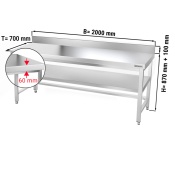 Stainless steel work table PREMIUM 2,0 m - with base shelf, upstand & support