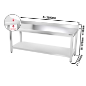 Stainless steel work table PREMIUM 2,0 m - with base shelf and upstand