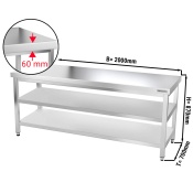 Stainless steel work table PREMIUM 2,0 m - with base shelf & intermediate shelf