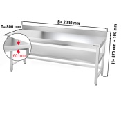 Stainless steel work table PREMIUM 2,0 m - with base shelf, upstand & support