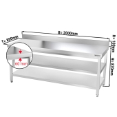 Stainless steel work table PREMIUM 2,0 m - with base shelf, intermediate shelf & upstand