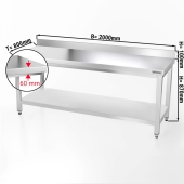 Stainless steel work table PREMIUM 2,0 m - with base shelf and upstand